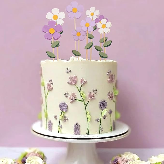 8Pcs Purple White Flowers Cake Toppers - Spring Floral Birthday Wedding Decorations,Bohemian Flower Party Cupcake Toppers,Purple Daisy Floral Cake Centerpieces,Sweet Garden Party Photo Props