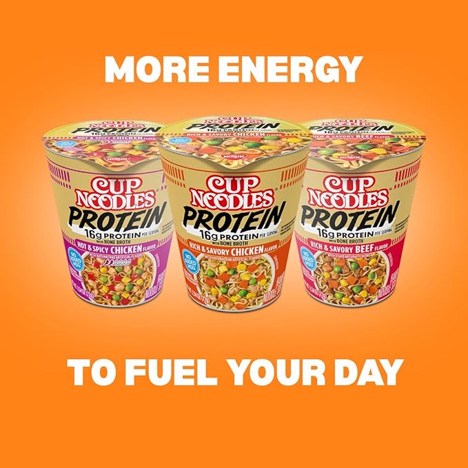 Nissin Cup Noodles Protein Ramen, Chicken Flavor Spicy Ramen with Bone Broth, 16g Protein, 2.54 Ounce Cup (Pack of 6)