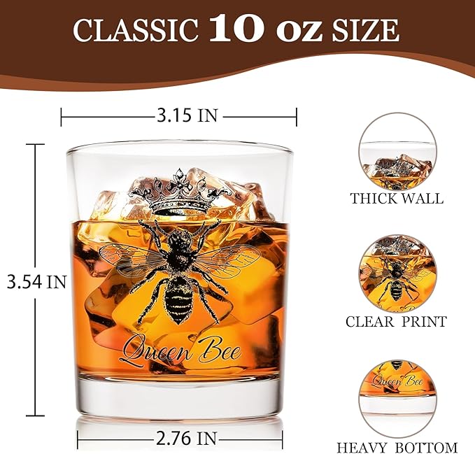 Voatok Vintage Queen Bee Whiskey Glasses 10 oz, Queen Bee Themed Gifts for Women Lovers, Old Fashioned Rocks Glasses for Women Drinking Scotch Bourbon Cocktail Liquor Vodka