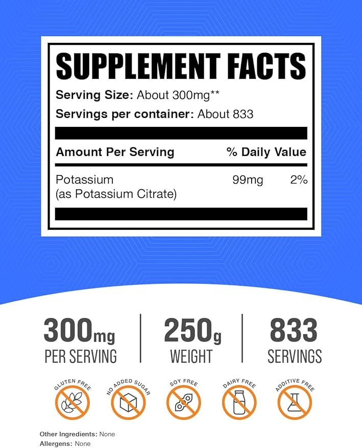 BulkSupplements.com Potassium Citrate Powder - for Hydration Support, Mineral Supplement, Potassium 99mg - Gluten Free, 300mg per Serving, 250g (8.8 oz) (Pack of 1)