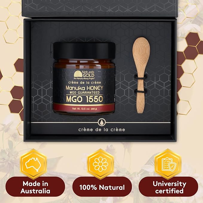 Nature’s Gold Manuka Honey MGO 1550+ Gift Set with Wooden Spoon | 10.5oz (300g), 100% Pure Genuine Traceable Hive to Home