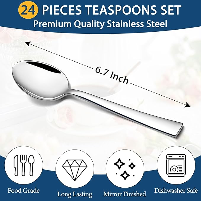 P&P CHEF Teaspoon Set (24 Pieces), 6.7" Stainless Steel Mini Tea Spoons, Premium Stirring Silverware, Kitchen Dessert Coffee Spoon Set, Mirror Finish & Dishwasher Safe