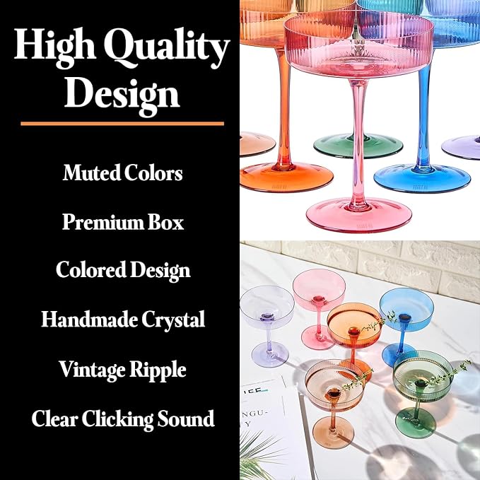 Khen Ribbed Vintage Art Deco Coupe Glasses - Martini, Champagne & Cocktail Ribbed Glasses 8oz | Cute Crystal Glassware Sets - Goblet Stemmed Ripple Glassware, Housewarming Glass, Fall/Holiday 6 Pieces