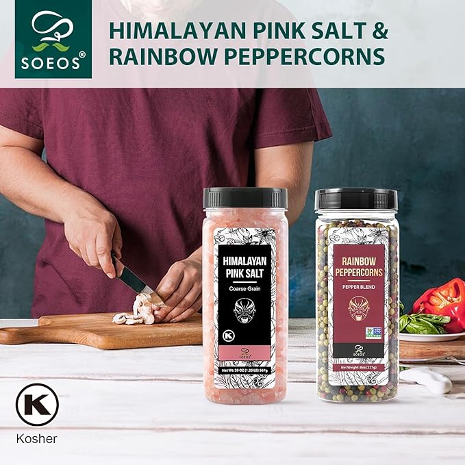 Soeos Himalayan Pink Salt and Rainbow Peppercorn Grinder Refills, 18oz Salt & 8oz Peppercorns, Kosher Seasoning Set for Cooking