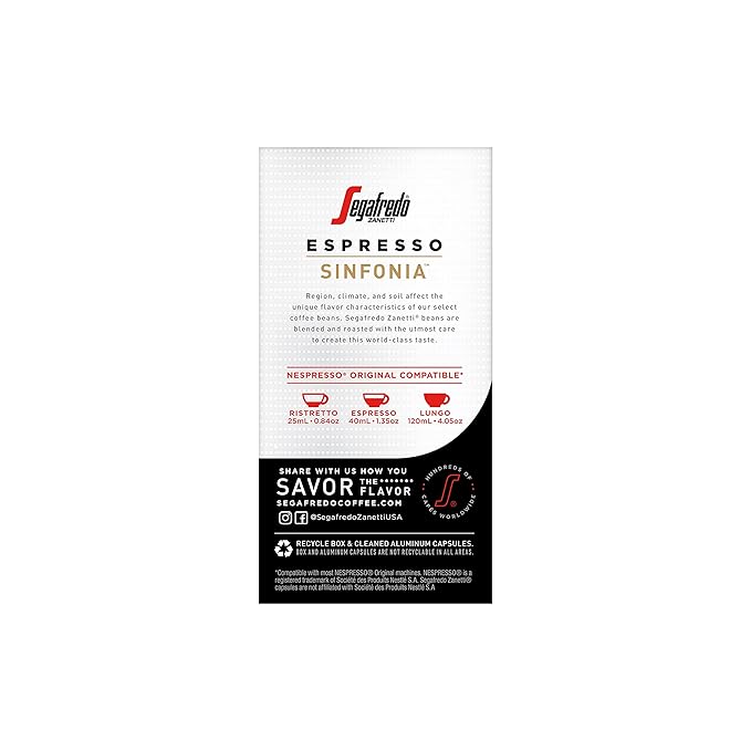 Segafredo Zanetti Espresso Capsules – Aluminum Pods for Nespresso Original Machines – Medium Roast Premium Espresso with a Sweet Aroma – Subtle, Intensity 9 – Sinfonia, 10 Count