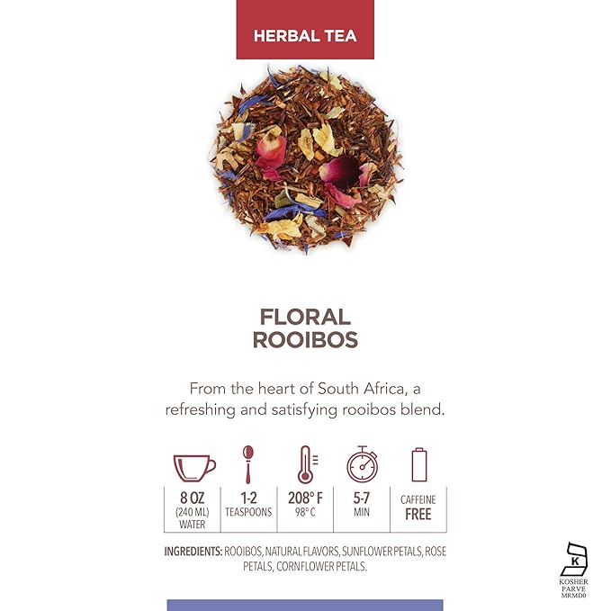 Teabloom Herbal Tea, Floral Rooibos Loose Leaf Tea, Rooibos Blend with Floral Flavors and Scent, Kosher Certified, 3.17 oz/90 g Canister Makes 35-50 Cups