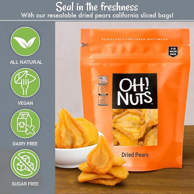 Oh! Nuts Dried Pears California - Sliced Pears - 2 lb - Dehydrated California Pears - Dried Pears No Sugar Added - Packed in New York Zip-Seal Bag for Exceptional Freshness