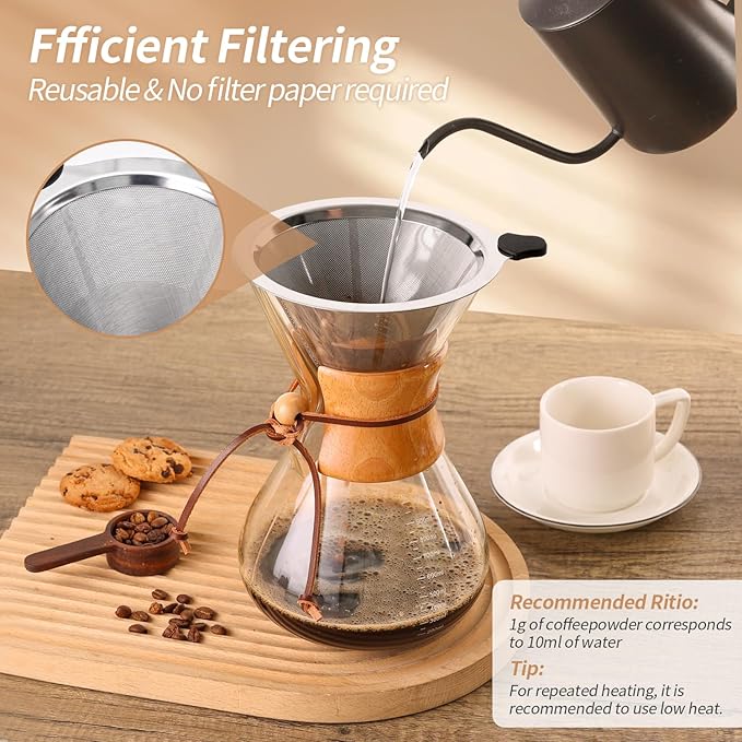Pour Over Coffee Maker 34 OZ, 10 Cup Borosilicate Glass Drip Coffee Maker with Reusable Stainless Steel Filter and Cork Grip for Home Caf챕 1000 ML