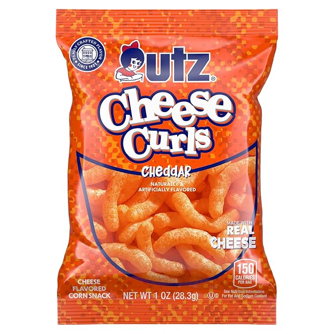 Utz Cheese Curls, Baked Cheddar ??1 oz. Bags (60 Count) ??Made with Real Cheese, Crunchy Individual Snacks to Go, Cholesterol Free, Trans-Fat Free, Gluten Free Snacks