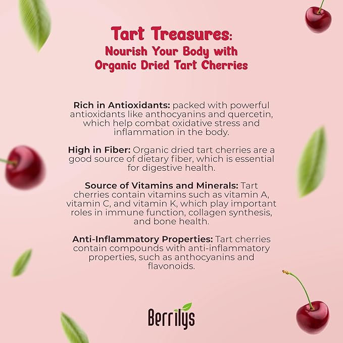 Berrilys Organic Unsweetened Pitted Dried Tart Cherries (5 lb) - No Sugar Added, Perfect for Baking, Snacking & Salads - Unsweetened Dried Fruit - Non-GMO, Vegan Dried Cherries for Healthy Living