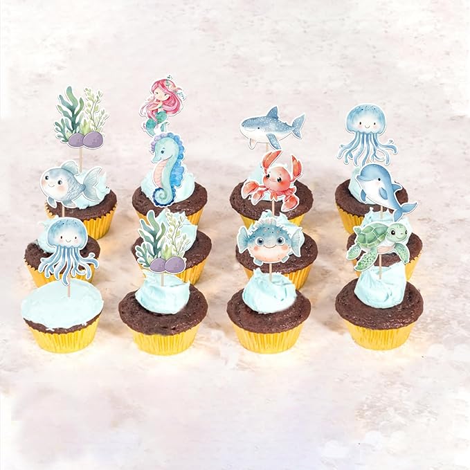 40 Pack Marine Animal Cupcake Toppers Glitter Starfish Hippocampus Seaweed Ocean Sea Animal Creature Marine Cupcake Picks Kids Birthday Baby Shower Summer Cake Decorations Style 2