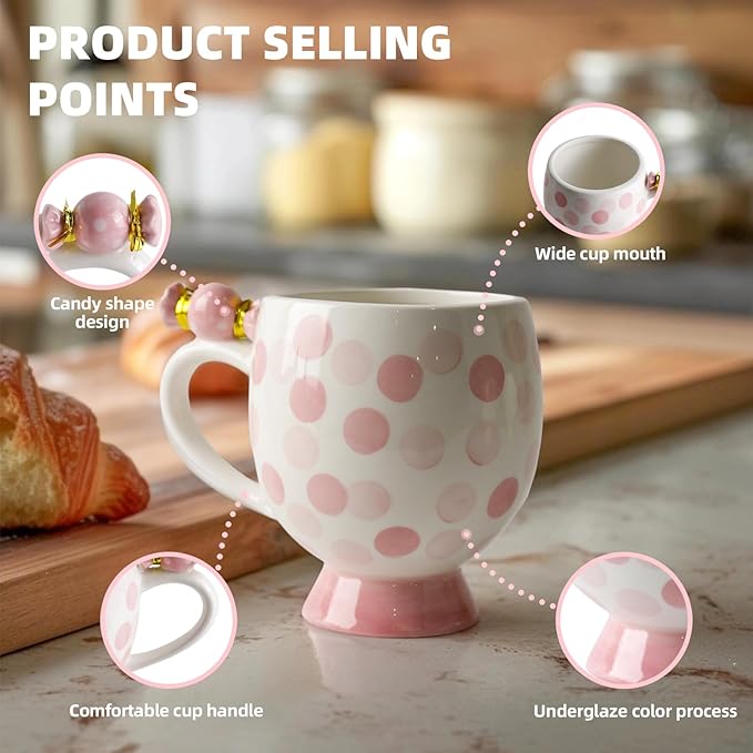 Ceramic Mug Cute Candy Shape, Unique Holiday Mug with Handle Hot Cocoa Cup Perfect for Tea & Coffee Lovers, Gifts for Family Friends or Children 12 OZ (Pink Dots)