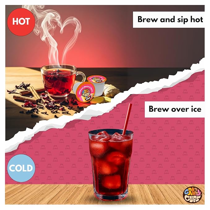 Crazy Cups Hibiscus Berry & Spice Herbal Tea Pods, 22 Count, Caffeine Free, Kosher Certified, Fruity & Spiced Blend with Cinnamon, Ginger & Clove | K Cup Compatible, Hot or Iced Herbal Tea