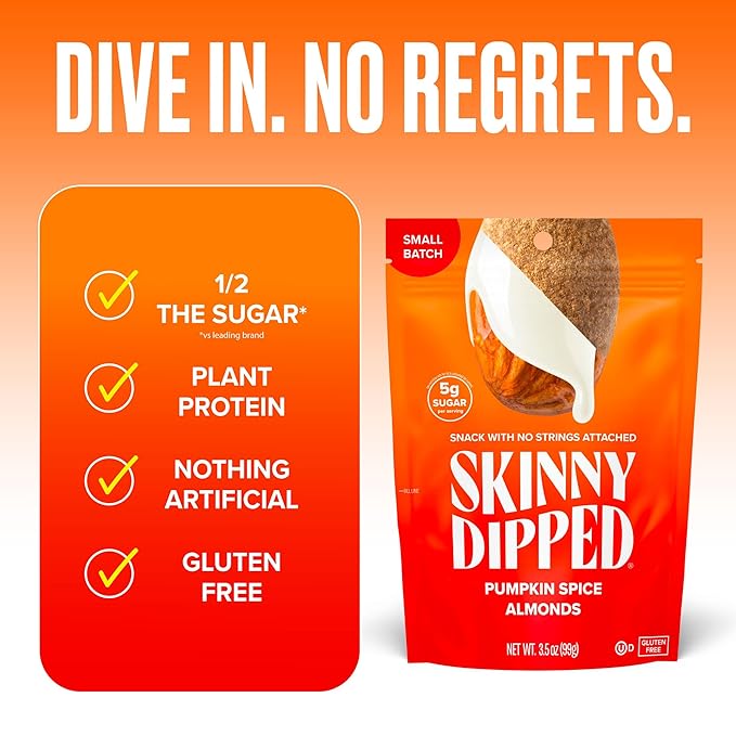 SkinnyDipped Pumpkin Spice Almonds, Healthy Snack, Plant Protein, Gluten Free, 3.5 oz Resealable Bags, Pack of 5