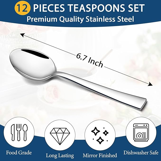 P&P CHEF Teaspoon Set (12 Pieces), 6.7" Stainless Steel Mini Tea Spoons, Premium Stirring Silverware, Kitchen Dessert Coffee Spoon Set, Mirror Finish & Dishwasher Safe
