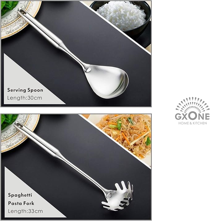 Kitchen Utensil Set ??6 Piece Stainless Steel Cooking Utensils with Rotating Holder Organizer Includes Slotted Spoon, Slotted Spatula, Large Spoon, Soup Ladle, Spatula, Pasta Server Silver/7PCS