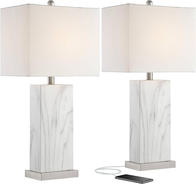 360 Lighting Connie Mid Century Modern Table Lamps 25" High Set of 2 with USB Charging Port White Faux Marble Rectangular Shade for Living Room Desk Bedroom House Bedside Nightstand Home