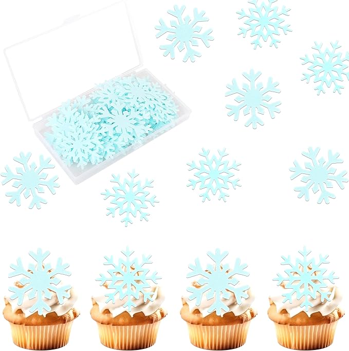 60 PCS Edible Snowflake Cupcake Toppers Wafer Paper Snowflake Cake Decorations Edible Snowflake Cupcake Picks Topper for Christmas Winter Frozen Theme Baby Shower Birthday Party Supplies Blue