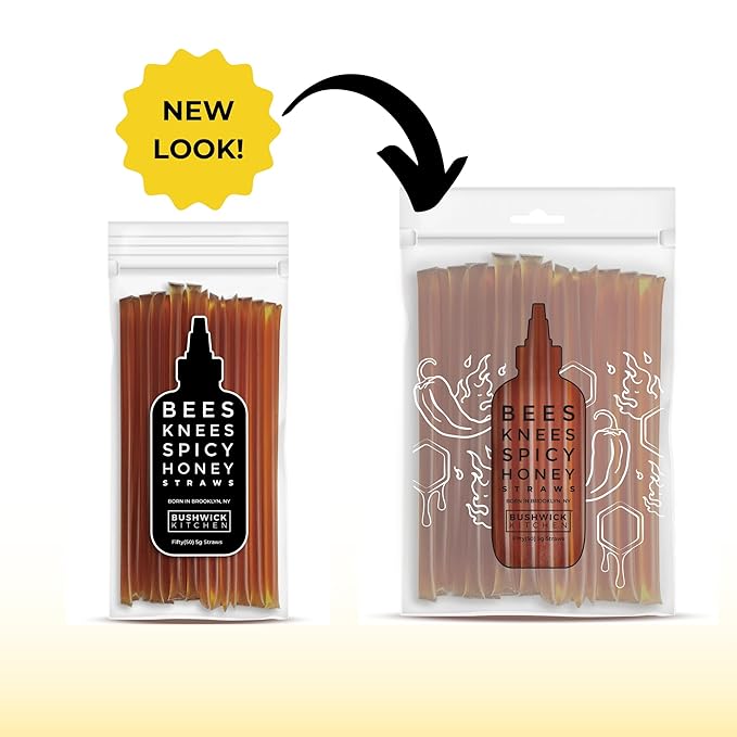 Bees Knees Spicy Raw Honey Sticks, 50 Count of Raw Honey Sticks for Tea, Made in the USA, Sweet with a Kick, Pure & All Natural, Unfiltered & Gluten Free, 50 Straws