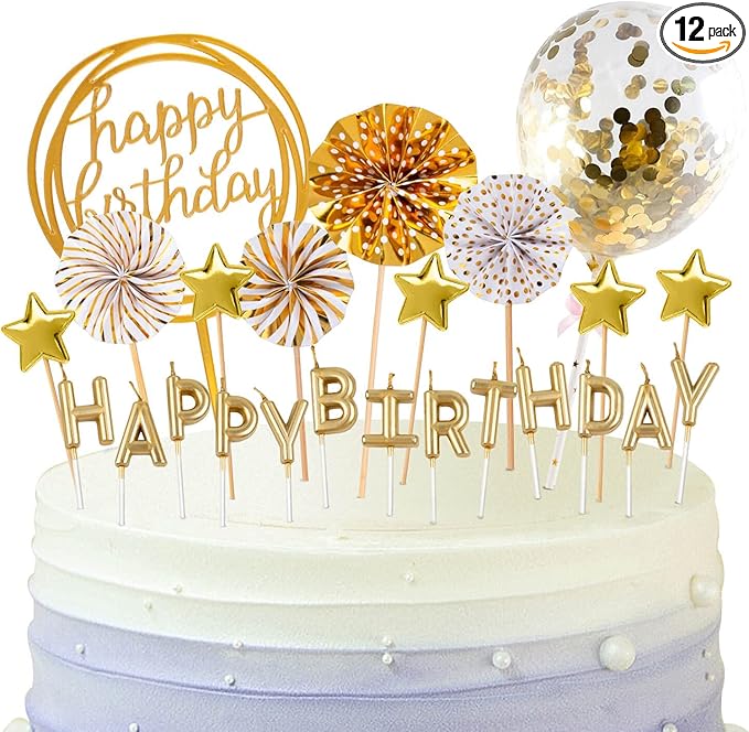 BEAN LIEVE Birthday Candles Set - Cake Topper Decoration with Cake Candles Confetti Balloon Stars and Fan Cupcake Toppers 12 Pieces Birthday Cake Decor for Birthday Party Celebration (Gold)