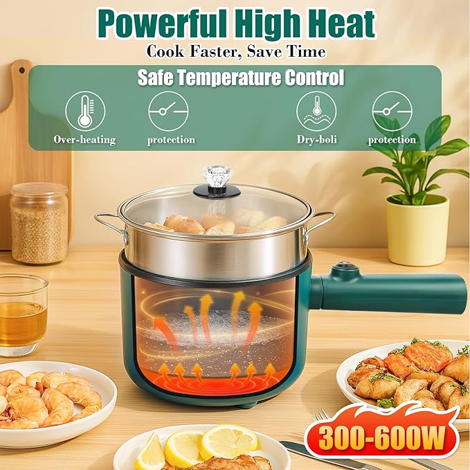 Electric Hot Pot with Steamer, 1.8L Ramen Cooker, Portable Cooking Pot Non-Stick Saut챕 Pan, Electric Pot for Pasta, Egg, Steak, BPA Free,Dual Power Control, Suit Dorm Room, Travel,RV,Hotel