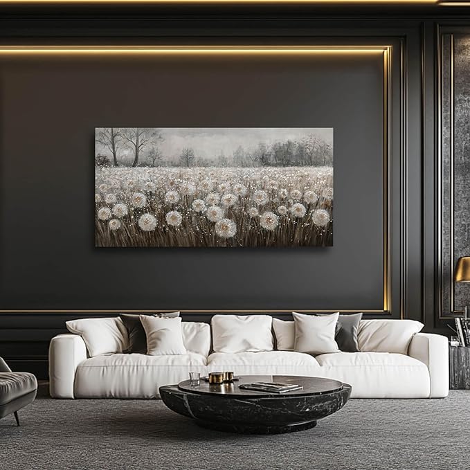 White Flowers Wall Art for Living Room Framed Wall Decor Dandelion Wall Art Artwork Canvas Paintings for Home Office 29"x58??,<div>