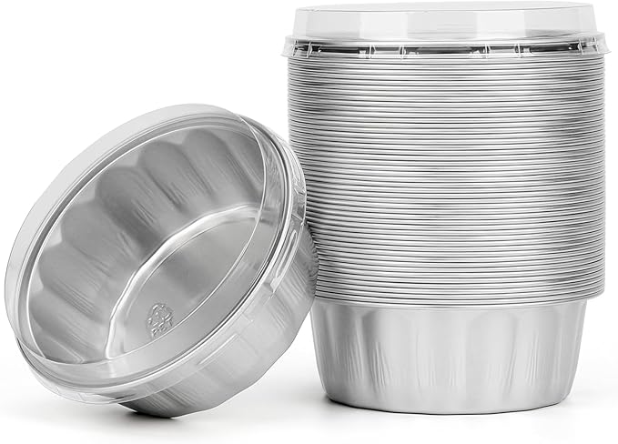 Beasea Ramekins with Lids, 8oz 50 Pack Disposable Aluminum Cups for Baking, Silver Aluminum Foil Cups Creme Brulee Muffin Cupcake Baking Cup Mini Pudding Cups for Party Wedding Birthday