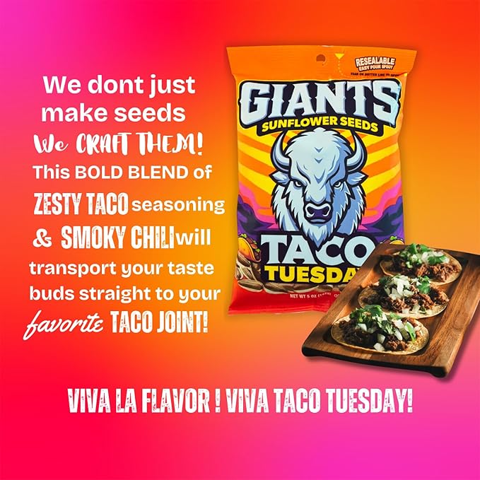 GIANTS Taco Tuesday Sunflower Seeds - Sunflower Seeds to Eat, High Protein Snack, Zesty Taco Seasoning, Source of Vitamin E & Fiber Content - 5 oz Resealable Bags (Bulk Pack of 12)