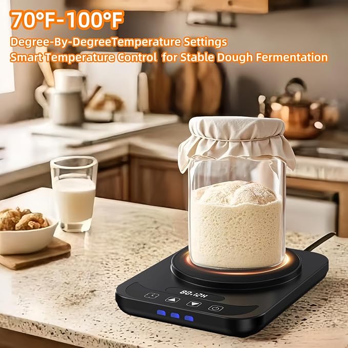 Sourdough Starter Warmer Mat - 12H Timer & Precise 1°F Thermostat (70-100°F) - Auto On/Off - Fits 40oz Jars for Home Baking (Black)