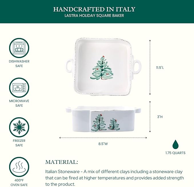 Vietri Lastra Holiday White and Green Square Baker 11.5"L, Stoneware Oven Baking Dish & Serving Pan, Christmas Bakeware