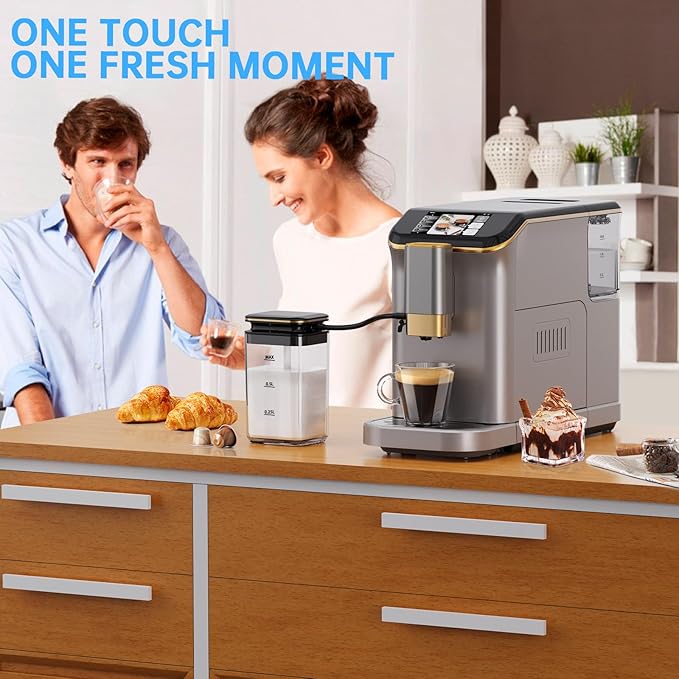 Super Automatic Espresso Machine 20 Bar with Grinder, One Touch Recipes & Automatic Milk Frother, 1350W Compact Bean to Cup Coffee Maker with TFT Touchscreen for Home Barista, Silver & Gold
