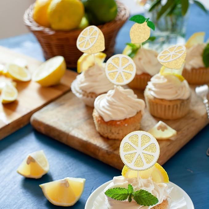 24Pcs Lemon Cupcake Toppers Glitter Flower Ring Fruit Bridal Shower Cupcake Picks for Lemonade Engagament Party Baby Shower Birthday Party Cake Decorations Supplies