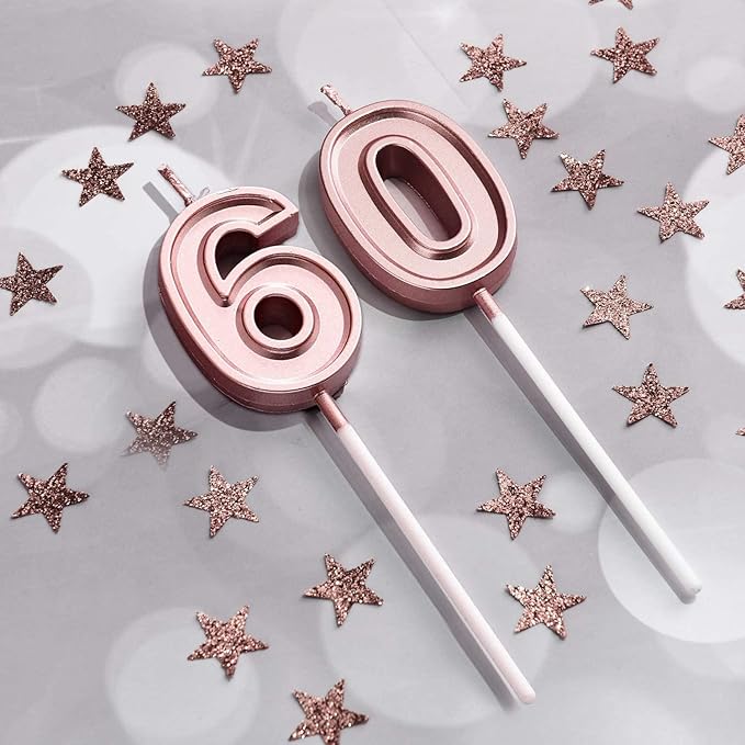 60th Birthday Cake Decorations Set Include 60th Birthday Candles Numeral 60 Cake Candles and Happy 60th Birthday Cake Toppers with Heart Star Cupcake Picks for Birthday Party (Rose Gold Series)