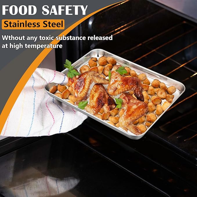 2Pcs Baking Sheet Pan Set, Joyfair Stainless Steel Cookie Sheets, Commercial Metal Pans Toaster Oven Tray Bakeware for Jelly Roll/Bread/Bacon, Heavy Gauge, Rust-free & Dishwasher Safe (10.4 Inch)