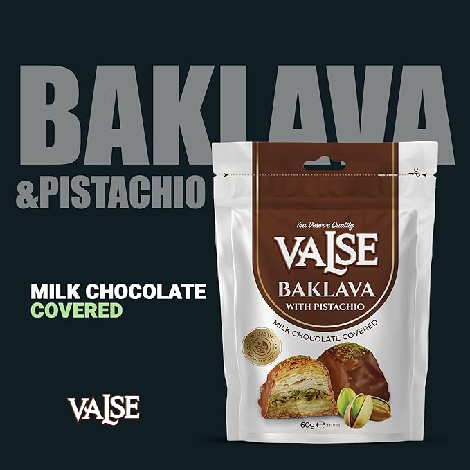 Chocolate Covered Turkish Baklava with Pistachios, Milk Chocolate Covered Freeze Dried Turkish Baklava with Pistachios, 2.47 oz Chocolate Covered Fruit, Chocolate Dipped Turkish Baklava with Pistachios (Mini, Baklava)