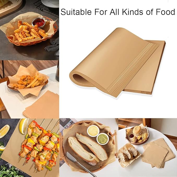 50 PCS 12 x 12 Inch Parchment Paper Non-Stick Deli Paper Wax Paper Sheets Precut Parchment Paper Sheets for Baking Cookies, Food Basket Liners, Frying, Air Fryer, Grilling Rack, Oven Brown