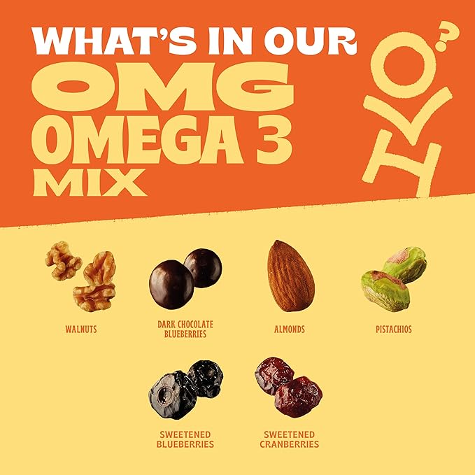 Orchard Valley Harvest OMG Omega-3 Mix, 14 pack (2 oz), Walnuts, Dark Chocolate Blueberries, Sweetened Cranberries, Almonds, And Pistachios, Gluten Free, Stand Up Bag, Non-GMO, Healthy Snacks for Adults