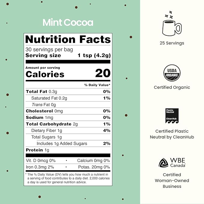 Blume Peppermint Cacao Blend - Superfoods latte with Brain Boosting Adaptogen Organic Cacao - Keto Friendly & Vegan Hot Chocolate - 30 Servings