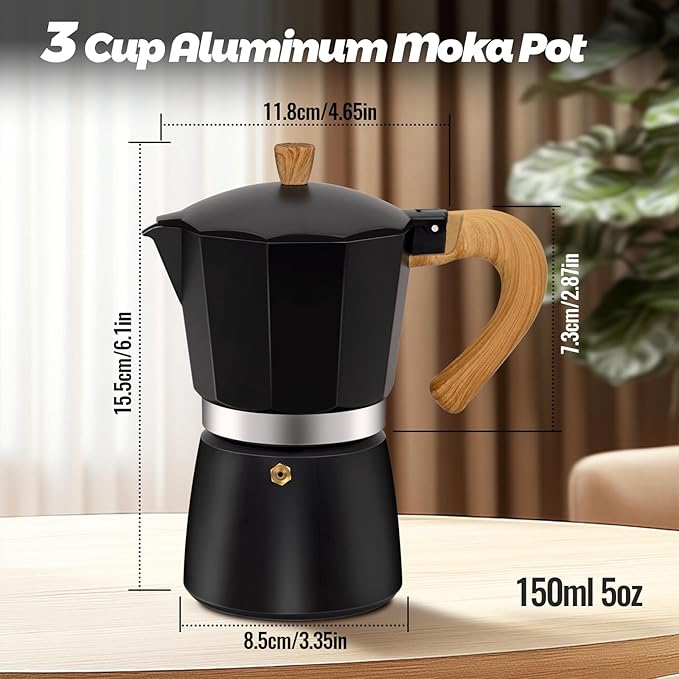 3 Cup Aluminum Moka Pot Classic Stovetop Espresso Coffee Maker 150ml 5oz Coffeemaker Percolator Mocha Pot Greca Coffee Maker Cafe Makers for Italian and Cuban Cafì±?Brewing Black