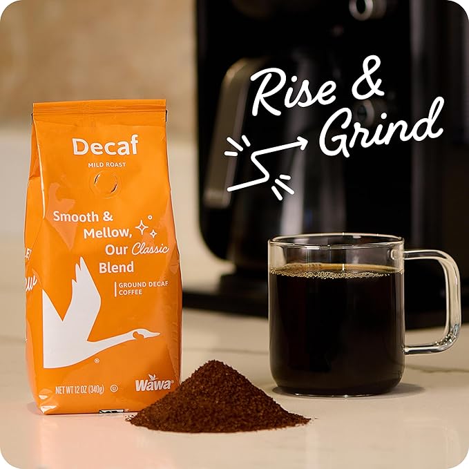 Wawa Ground Coffee Decaf Mild Roast, 12 oz Bag, Regular Smooth Balanced Classic Blend, Hot or Iced Decaf Coffee Slightly Sweet, 100% More Responsibly Sourced from Rainforest Alliance Certified Farms