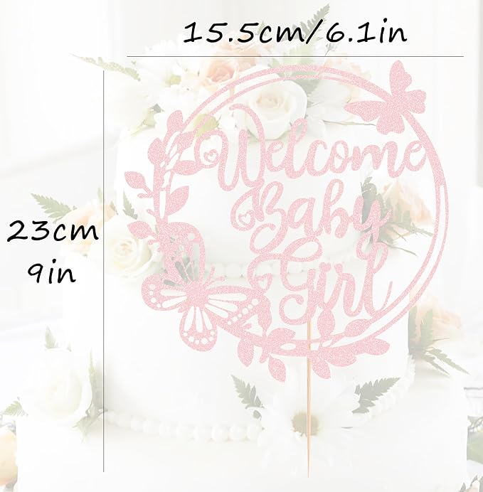 Welcome Baby Girl Cake Topper - Light Pink Glitter Baby Shower Cake Decorations, Baby Girl Cake Decor, for Baby Shower/Birthday Party/Gender Reveal Party Photo Booth Props
