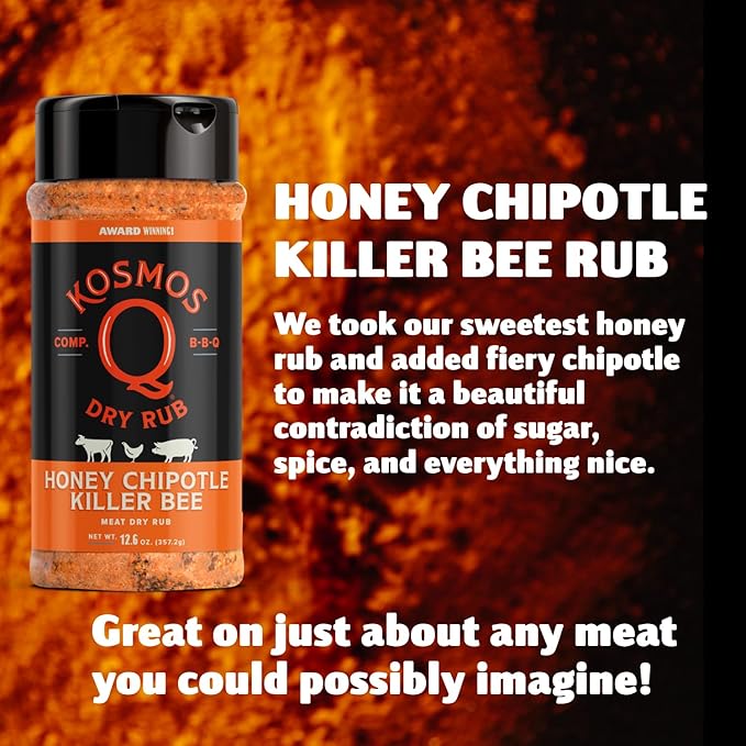Kosmos Q Honey Chipotle Killer Bee BBQ Dry Rub, Sweet and Spicy Seasoning with Sugar, Chipotle, Garlic & Paprika for Ribs, Pulled Pork, Chicken, Dry Rub For Smoking & Grilling, 12.6 Oz Shaker Bottle