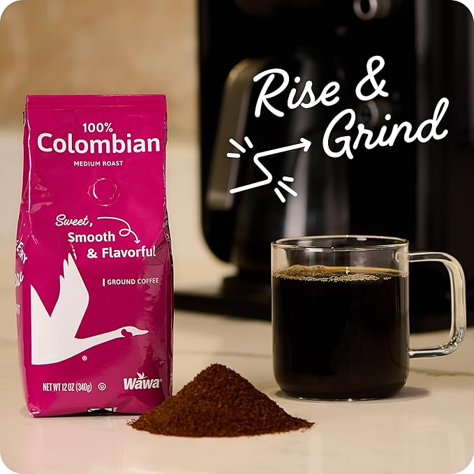 Wawa Ground Coffee Colombian Medium Roast, 12 oz Bag, Medium Bodied Blend with Chocolate & Fruit Notes, For Hot or Iced Coffee, 100% More Responsibly Sourced from Rainforest Alliance Certified Farms