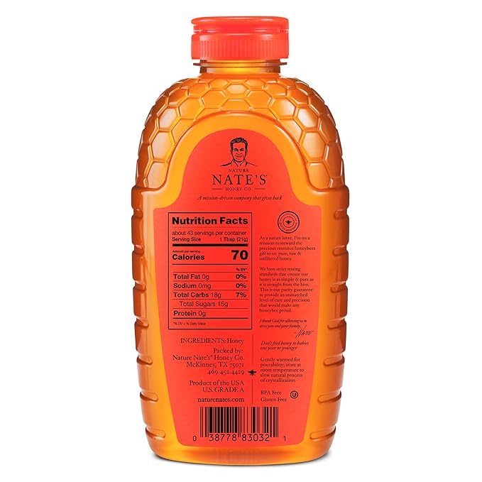 Nate's 100% Pure, Raw & Unfiltered Honey - Award-Winning Taste, 32oz. Squeeze Bottle (Pack of 2)