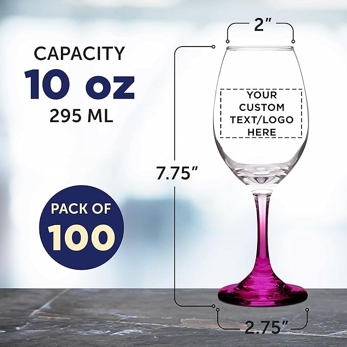 Custom Rioja Wine Glasses with Stem 10 oz. Set of 100, Personalized Bulk Pack - Color Bottom, Perfect for Wedding, Party Favors, Birthday, Bridal Shower Gifts - Pink