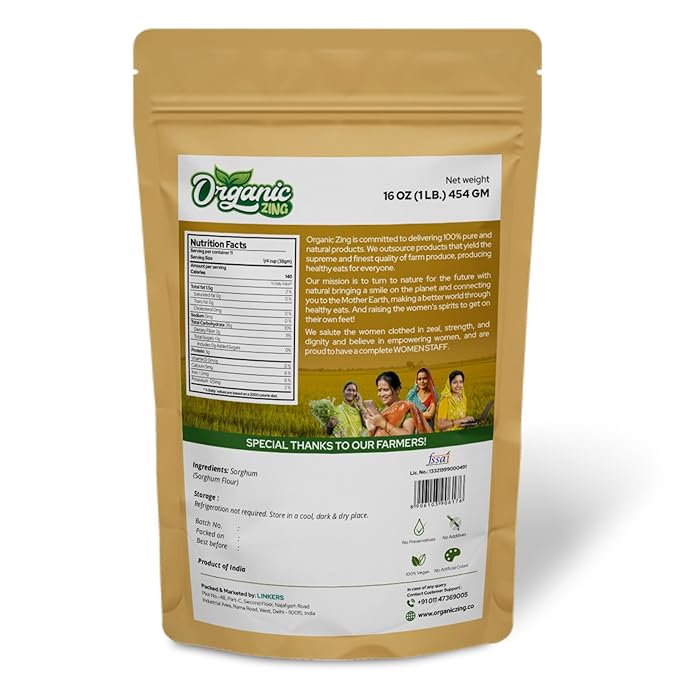 Organic Zing Pure and Organic Sorghum Flour | Organic Jowar Flour | Sorghum Flour Gluten Free | High Fiber and Preservative Free Sorghum Flour | USDA Certified | Product of India - 454gm