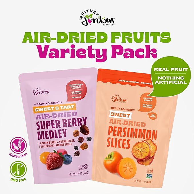 Whitney Jordan Naturals Air-Dried Fruit Variety Pack | 2 Individual Packs ??Super Berry Medley & Persimmon Slices | Gluten-Free, Non-GMO, Vegan Snack | Real Fruit for Clean Snacking | 32 Oz