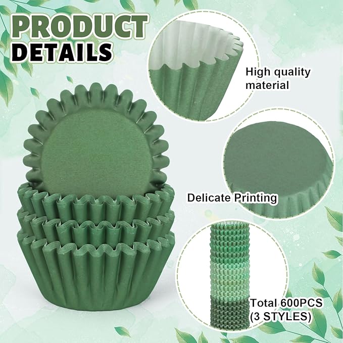 Whaline 600Pcs Mini Sage Green Cupcake Liners Gradient Green Wedding Baking Cups Cupcake Wrappers Muffin Liners for Baby Shower Wedding Bridal Showers Birthday Party Decorations