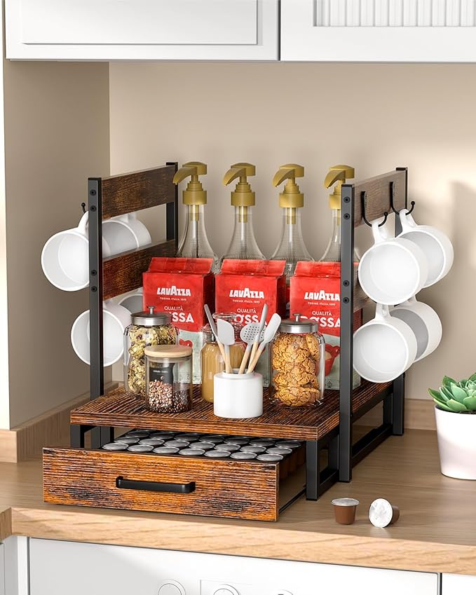 Coffee Pod Drawer Compatible with Nespresso Original Line, 63 Pods Coffee Organizer with Cup Holder, Durable Coffee Maker Stand with Storage Drawer, Rustic Brown