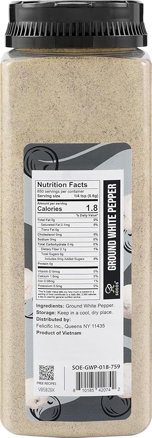Soeos Ground White Pepper, 18oz (510g), Non-GMO, Kosher Certified, Fresh, Aromatic and All-Natural, White Peppercorns Powder, Perfect for Barbecue, Stir-Fry, Soup